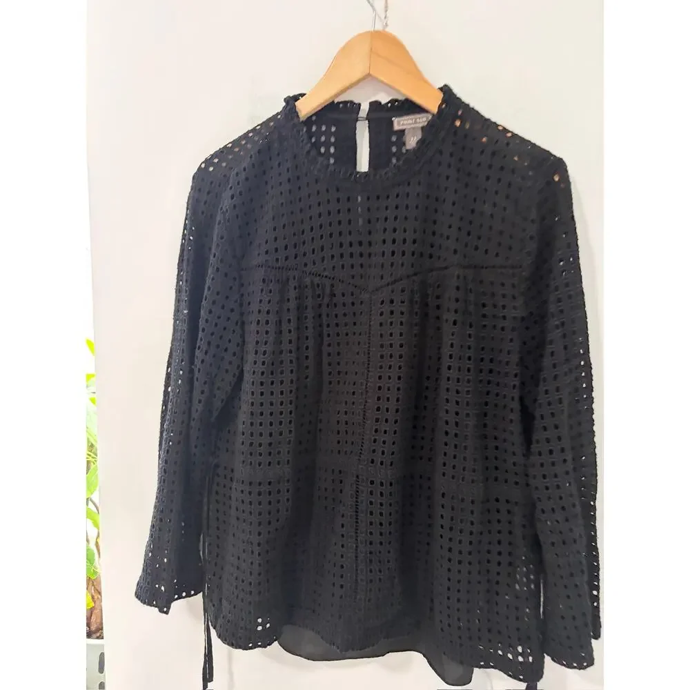 J. Crew Point Sur Black Eyelet Overlay Cutout Long Sleeve Blouse Size 12